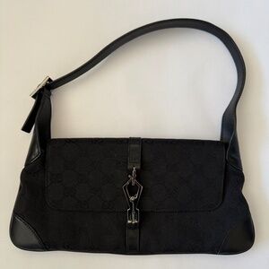 Vintage Gucci Jackie Slim Flap Bag Black GG Canvas Leather Tom Ford Era